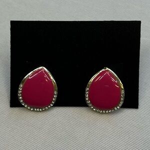 Vintage 90s Pink Enamel Gold Tone Teardrop Earrings with Rhinestones